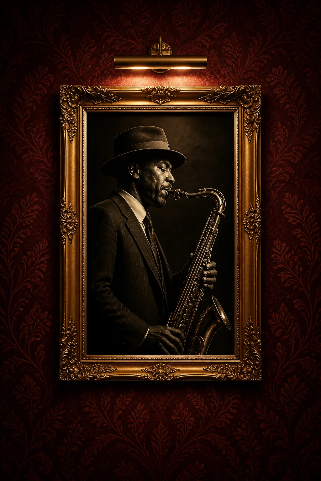 Framed saxophone player in the Voices of a Century exhibition