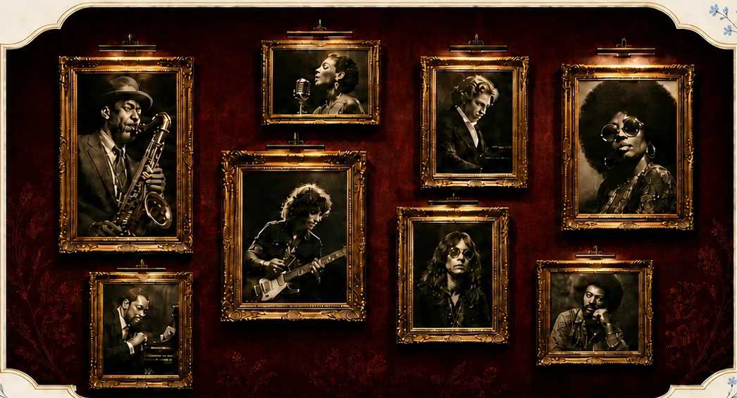 A curated gallery wall of framed music legends
